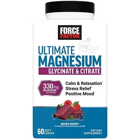 Force Factor Ultimate Magnesium Glycinate & Citrate Soft Chews Mixed Berry, 60 ct